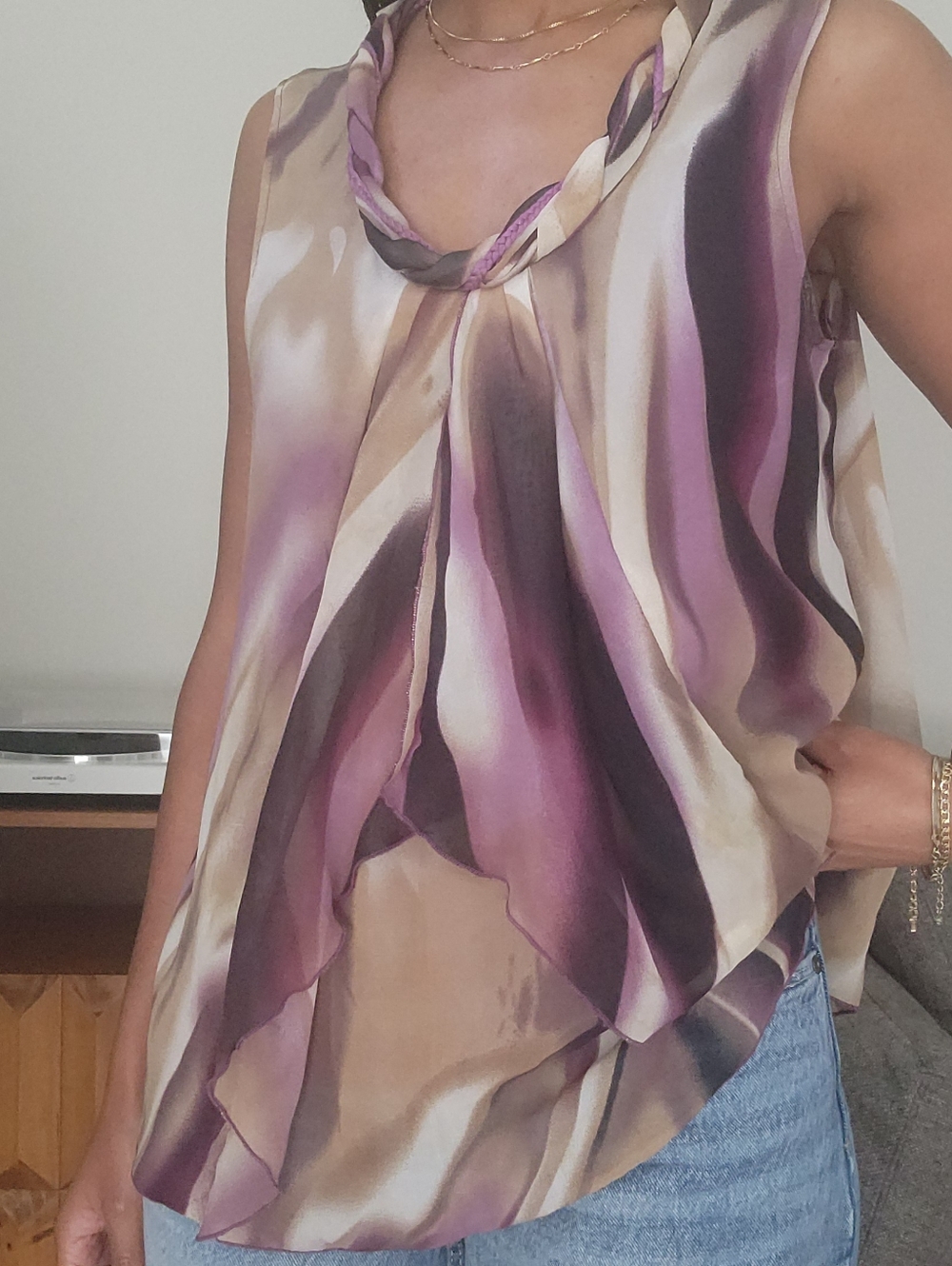 Adiva Abstract Watercolor Tie Neck Blouse XL Sheer Layered Career Top